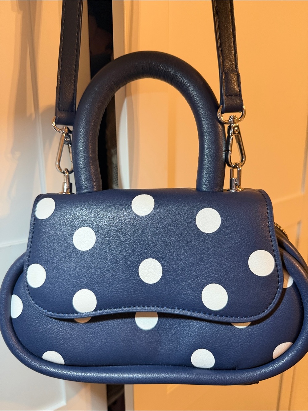 Melie Bianco Navy and White Polka Dot Mini Top-Handle Bag
